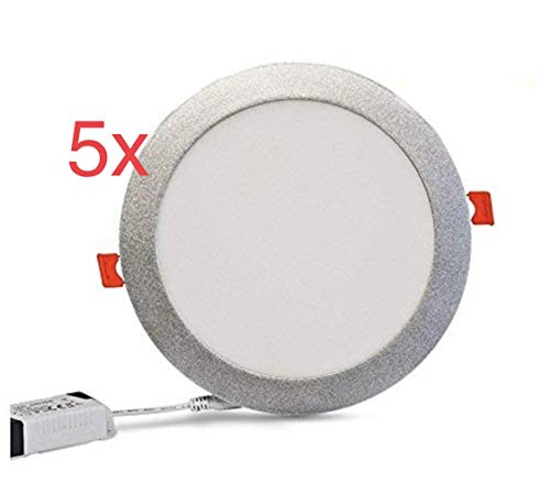 Pack 5x Panel LED redondo, 18W Marco Plata. Color Blanco Frío (6500K). 1600 lumenes. A++