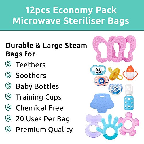 Pack ahorro de 12 bolsas esterilizadoras para microondas. Bolsas de esterilización al vapor grandes y duraderas para biberones, mordedores y tazas de entrenamiento. 20 usos por bolsa, sin químicos