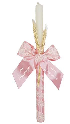 Pack Bautizo PERSONALIZADO incluye paño Bautismal y Vela de cera blanca. Modelo París (Rosa)