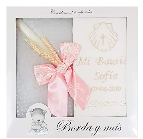 Pack Bautizo PERSONALIZADO incluye paño Bautismal y Vela de cera blanca. Modelo París (Rosa)