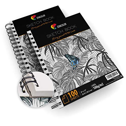 Pack de 2 x Bloc de Dibujo Profesional, A4 (9”x12”) con Espiral - 200 x Hojas Blancas (100gr) - Cuadernos de Dibujo con Tapa Rígida - Block de Páginas Vírgenes para Dibujar, Garabatear