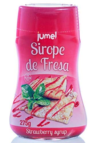 Pack de 4 unidades de Sirope JUMEL botella 275g. (1,93 €/botella) sin gluten multisabor fresa, caramelo, chocolate y frutas del bosque. Formato antigoteo.