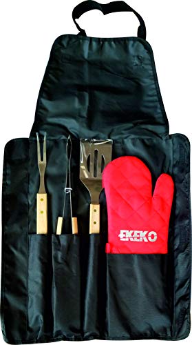 Pack Delantal e Instrumentos BBQ ON Fire, EKEKO, Set de Delantal, 3 Utensilios de Acero Inoxidable y manopla en Practica Bolsa con Cinta Bandolera para Transporte y almacenaje