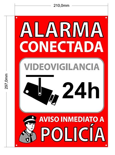 Pack o Lote de 3 Carteles Disuasorios A4 Interior/Exterior, Placa Disuasoria PVC Flexible, Cartel Alarma Conectada, 30x21 cm, Rojo