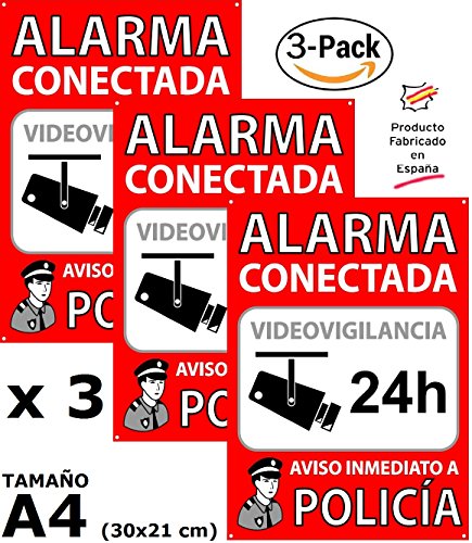 Pack o Lote de 3 Carteles Disuasorios A4 Interior/Exterior, Placa Disuasoria PVC Flexible, Cartel Alarma Conectada, 30x21 cm, Rojo