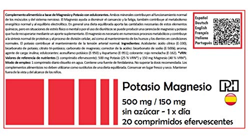 Pack POTASIO MAGNESIO PH 500 mg/150 mg. 12 Tubos de 20 comprimidos efervescentes. OFERTA 10+2 Gratis