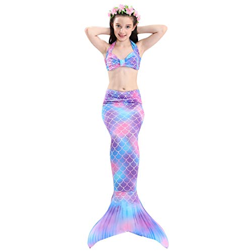 PaisDola Cola de Sirena para niñas para Nadar Incluido Traje de Sirena baño de Bikini de 3 Piezas (120, Dh48)