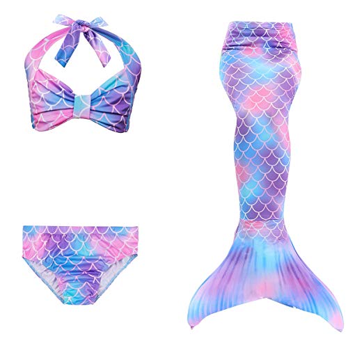 PaisDola Cola de Sirena para niñas para Nadar Incluido Traje de Sirena baño de Bikini de 3 Piezas (120, Dh48)