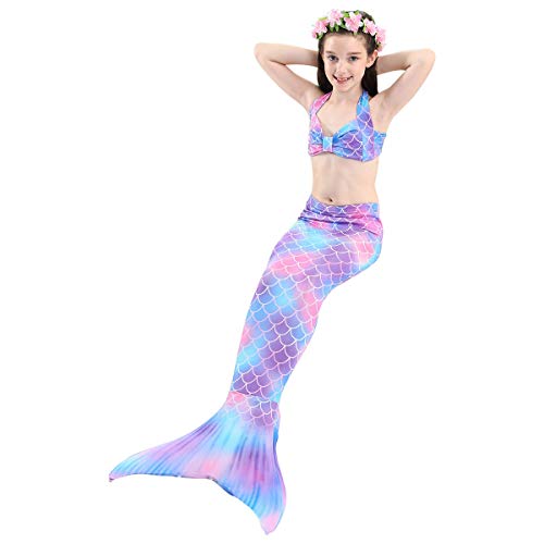 PaisDola Cola de Sirena para niñas para Nadar Incluido Traje de Sirena baño de Bikini de 3 Piezas (120, Dh48)