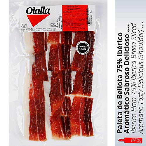 Paleta de Jamon de Bellota Iberico 75% Raza Iberica - Sobre Loncheado de Jamon Iberico Cortado a Mano y Envasado al Vacio - Embutidos Ibericos de Bellota Pata Negra - 100 gr