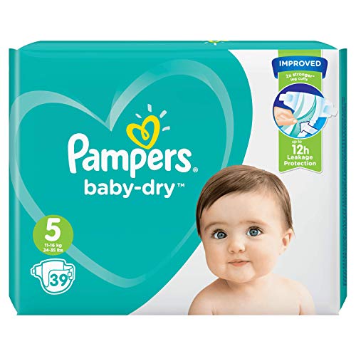 Pampers Baby-Dry tamaño 5, 39 pañales, 11 – 16 kg, paquete esencial, canales de aire para una sequedad transpirable durante la noche