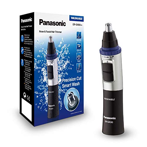 Panasonic ER-GN30-K503 - Naricero/ Recortador de Vello Facial (Nariz, Oreja, Cejas y Bigote, Acero Inoxidable, Función con Pilas, Sistema de Limpieza Inteligente) Azul/ Negro/ Plata