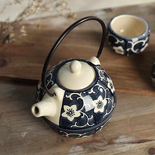 Panbado Tetera con 4 Tazas de Cerámica de Estilo Japonés Juegos de Café de Porcelana de 5 Piezas Tetera de Té Kungfu de Viaje Portátil, Regalo para Cumpleaños, Navidad, San Valentín - Azúl y Amarillo