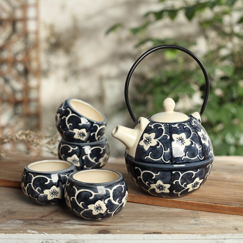 Panbado Tetera con 4 Tazas de Cerámica de Estilo Japonés Juegos de Café de Porcelana de 5 Piezas Tetera de Té Kungfu de Viaje Portátil, Regalo para Cumpleaños, Navidad, San Valentín - Azúl y Amarillo