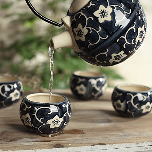 Panbado Tetera con 4 Tazas de Cerámica de Estilo Japonés Juegos de Café de Porcelana de 5 Piezas Tetera de Té Kungfu de Viaje Portátil, Regalo para Cumpleaños, Navidad, San Valentín - Azúl y Amarillo