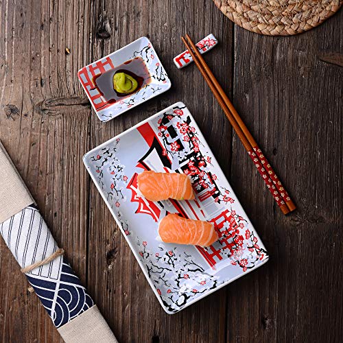 Panbado Vajilla de Sushi de Cerámica 8 Piezas para 2 Personas Juegos de Sushi de Porcelana Estilo Japonés, 2 Platos, 2 Platillos de Salsa, 2 Soportes de Palillos, 2 Pares de Palillos - JS-SUSHI-003