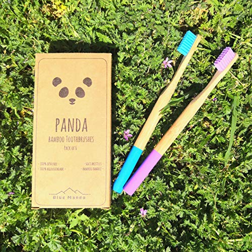 Panda Toothbrush - cepillos de dientes de bambú natural biodegradable | bonitos y ecológicos | filamentos de dureza media | colores surtidos | paquete familiar 2 adultos + 3 niños