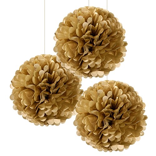 Paquete de 3 pompones dorados grandes de 38 cm para colgar y decorar