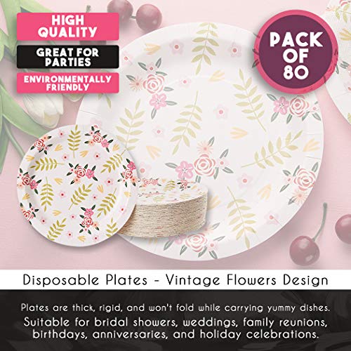 Paquete de 80 platos florales de papel para flores vintage suministros de fiesta (9 pulgadas)