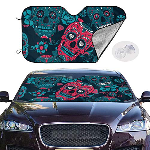 Parasol para parabrisas delantero de cristal para evitar que el coche se caliente dentro de la calavera de azúcar, adorno floral con patrón de flores sin costuras personalizado