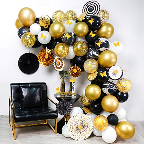 PartyWoo Kit de Guirnalda con Globo Dorado y Negro, Globos de Mármol, Globos Negros, Abanicos de Papel, Globos Blancos, Globos de Oro para la Fiesta Negra y Dorada, 2 pzs Globos Negros Jumbo Incluidos