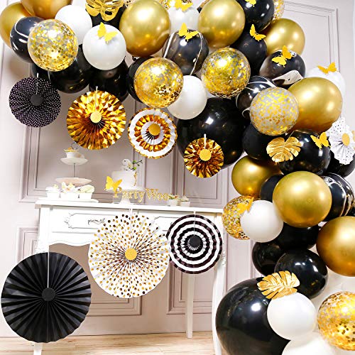 PartyWoo Kit de Guirnalda con Globo Dorado y Negro, Globos de Mármol, Globos Negros, Abanicos de Papel, Globos Blancos, Globos de Oro para la Fiesta Negra y Dorada, 2 pzs Globos Negros Jumbo Incluidos