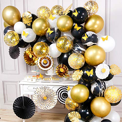 PartyWoo Kit de Guirnalda con Globo Dorado y Negro, Globos de Mármol, Globos Negros, Abanicos de Papel, Globos Blancos, Globos de Oro para la Fiesta Negra y Dorada, 2 pzs Globos Negros Jumbo Incluidos