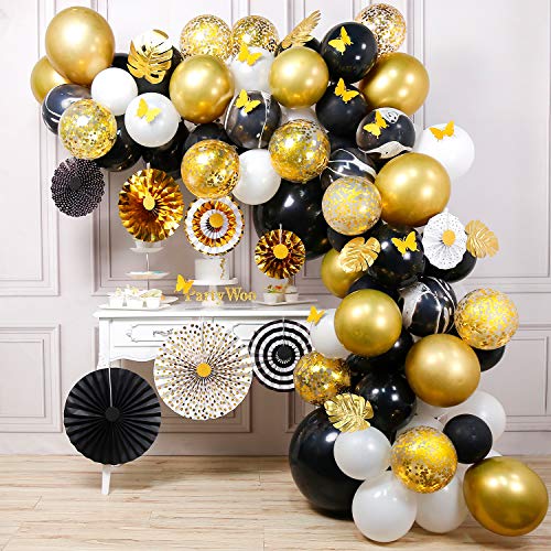 PartyWoo Kit de Guirnalda con Globo Dorado y Negro, Globos de Mármol, Globos Negros, Abanicos de Papel, Globos Blancos, Globos de Oro para la Fiesta Negra y Dorada, 2 pzs Globos Negros Jumbo Incluidos