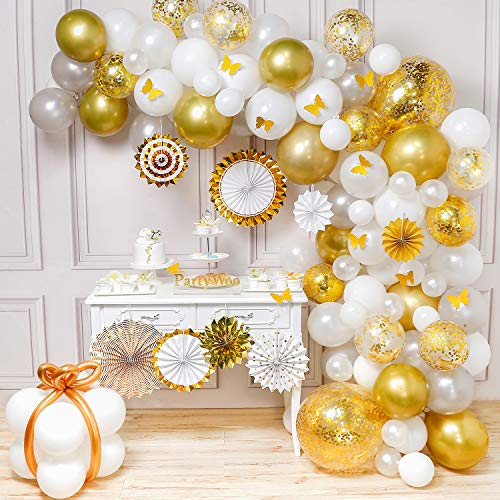 PartyWoo Kit de Guirnalda de Globos Blanco y Oro, Globos Oro y Blancos, Globos Oro, Globos Blancos, Globos Metálicos y Abanicos Papel para la Fiesta Oro y Blanco, 2 pcs Globos Confeti Jumbo Incluidos