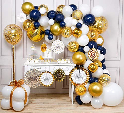 PartyWoo Kit de Guirnaldas de Globos Dorado y Azul, 114 Piezas de 8 Abanicos de Papel, Borla Dorada, Globos Confeti Jumbo, Globo Orbz Dorado, Globos Blancos Gigantes, Globos Azul Marino de Oro Blanco