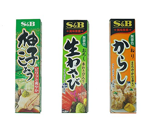 Pasta wasabi japonesa S&B (Oroshi Nama Wasabi) en tubo de plástico, 1.51oz + pasta Yuzu Kosho en tubo de plástico, 1.41oz + pasta Karashi (mostaza japonesa) en tubo de plástico, 1.51oz