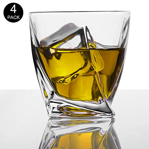 PATALACHI - Taza de whisky torcida (300 ml, cristal sin plomo, engrosado, copa de vino, copa de vino, estilo clásico de roca, bourbon malta, coñac brandy vintage (juego de 4)