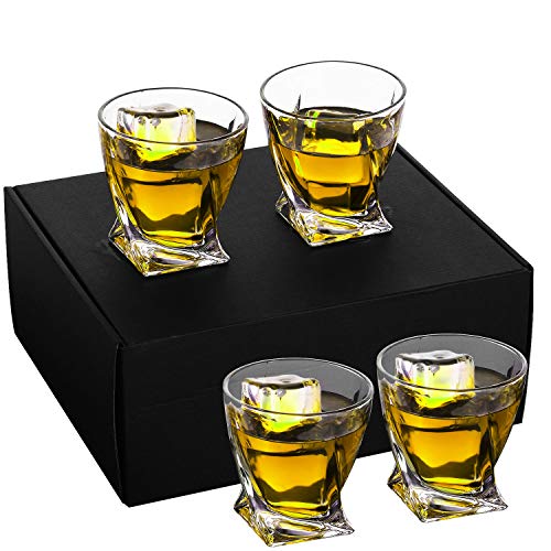 PATALACHI - Taza de whisky torcida (300 ml, cristal sin plomo, engrosado, copa de vino, copa de vino, estilo clásico de roca, bourbon malta, coñac brandy vintage (juego de 4)