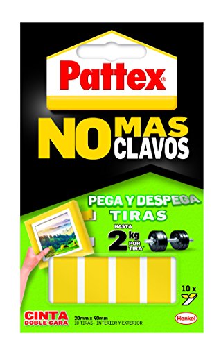 Pattex Cinta de doble cara a tiras No más clavos fijación Removible, 10 tiras