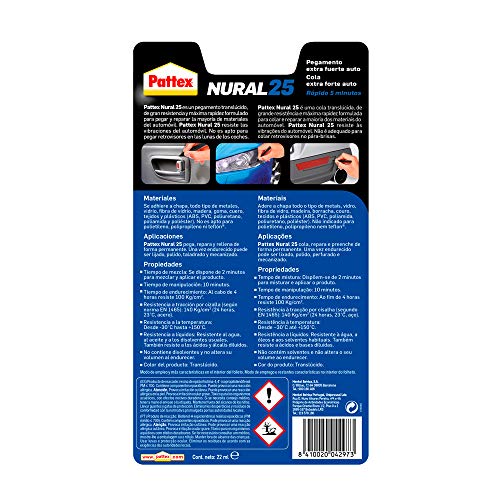 Pattex Nural 25 Pegamento extra fuerte auto, adhesivo resistente para la mayoría de materiales del automóvil, para coche rápido, 2 x 11 ml