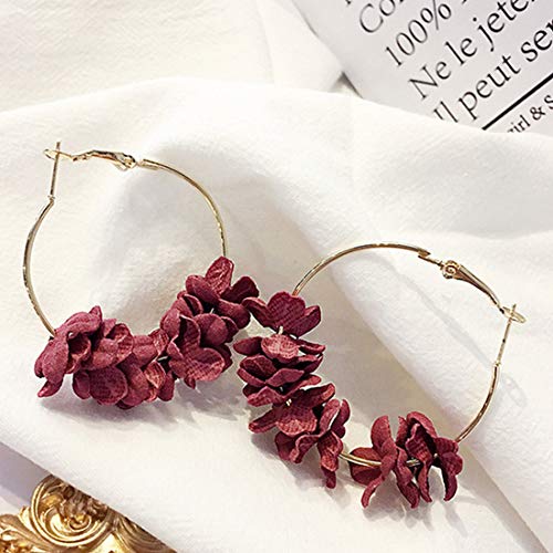 Pendientes de gota elegantes de la flor de la tela Sweety Pendiente de gran colorido del oído Pendientes grandes de la flor del círculo para las mujeres - Rojo rosado