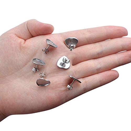 Pendientes de Perno,40 Piezas de Base de Bandejas Aretes Forma de Corazón Bisel Pendientes de Acero Inoxidable con 40 Piezas de Tuercas de Pendientes de Mariposa para DIY Pendientes,12mm