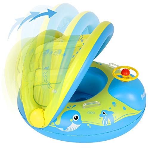 Peradix Flotador Bebé con Asiento, Flotador para Bebe Piscina Respaldo con Sombrilla y con Altavoz pequeño, Barca Bebé de Piscina para 6-36 Meses Bebé y Niños (Amarillo)