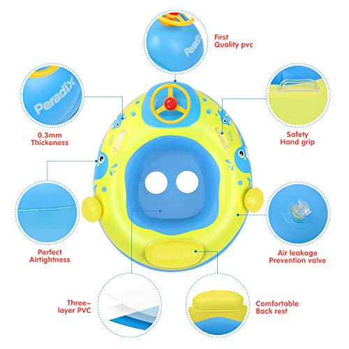 Peradix Flotador Bebé con Asiento, Flotador para Bebe Piscina Respaldo con Sombrilla y con Altavoz pequeño, Barca Bebé de Piscina para 6-36 Meses Bebé y Niños (Amarillo)