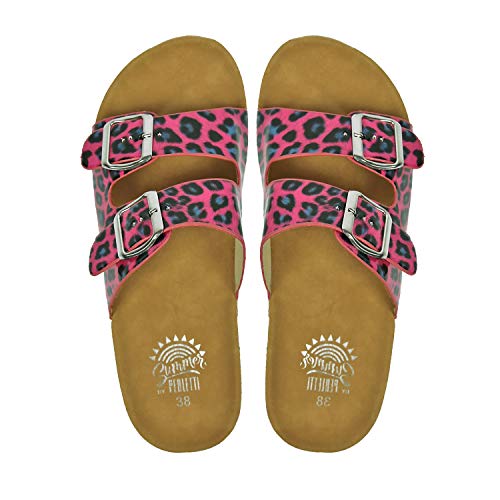 PERLETTI Chanclas Estivales Mujer Efecto Barniz Coloreadas - Pantuflas Chicas Flúo para Playa Piscina Casa Ajustables - Sandalias de Verano Glamour Cómodas y Lijeras (Fucsia Leopardo, 38 EU)