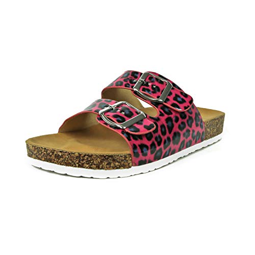 PERLETTI Chanclas Estivales Mujer Efecto Barniz Coloreadas - Pantuflas Chicas Flúo para Playa Piscina Casa Ajustables - Sandalias de Verano Glamour Cómodas y Lijeras (Fucsia Leopardo, 38 EU)