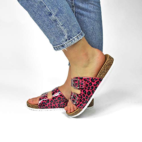 PERLETTI Chanclas Estivales Mujer Efecto Barniz Coloreadas - Pantuflas Chicas Flúo para Playa Piscina Casa Ajustables - Sandalias de Verano Glamour Cómodas y Lijeras (Fucsia Leopardo, 38 EU)