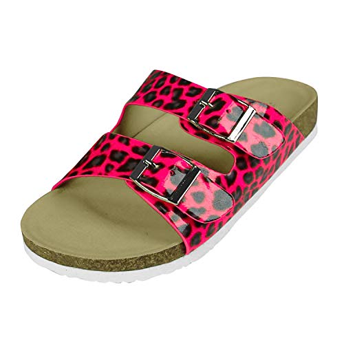 PERLETTI Chanclas Estivales Mujer Efecto Barniz Coloreadas - Pantuflas Chicas Flúo para Playa Piscina Casa Ajustables - Sandalias de Verano Glamour Cómodas y Lijeras (Fucsia Leopardo, 38 EU)