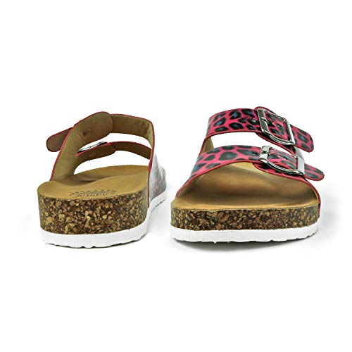 PERLETTI Chanclas Estivales Mujer Efecto Barniz Coloreadas - Pantuflas Chicas Flúo para Playa Piscina Casa Ajustables - Sandalias de Verano Glamour Cómodas y Lijeras (Fucsia Leopardo, 38 EU)