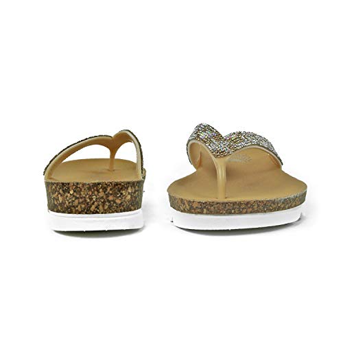 PERLETTI Sandalias de Dedo Mujer Fantasía Leopardo y Estrás - Chanclas Chicas con Cristales para Playa Piscina Casa - Pantuflas Estivales Glamour Cómodas y Lijeras (Oro, 37 EU)