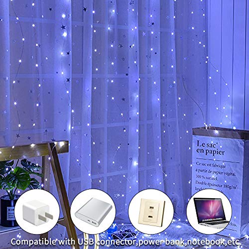 PEYOU Cortina de Luces LED, Luces de Navidad de Hadas Regulable, 3m x 3m con 300 LED, 8 Modos, Impermeable IP65 para la Decoración de Ventanas/Partido/Patio/Bodas, Conexión USB(Blanco)