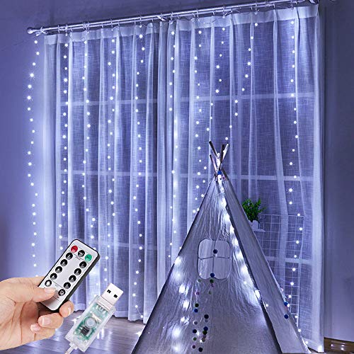 PEYOU Cortina de Luces LED, Luces de Navidad de Hadas Regulable, 3m x 3m con 300 LED, 8 Modos, Impermeable IP65 para la Decoración de Ventanas/Partido/Patio/Bodas, Conexión USB(Blanco)