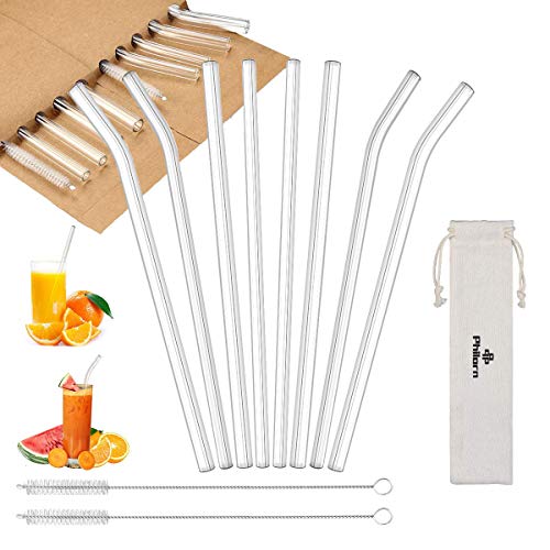 PHILORN Pajitas Reutilizables Juego de 8, Pajitas de Cristal Resistente a 150°C/-20°C, 4 Curvas y 4 Rectas (8.5 in de Largo, 8 mm/10 mm de Diámetro) Pajitas Comestibles con Cepillo - Durable, Sin BPA