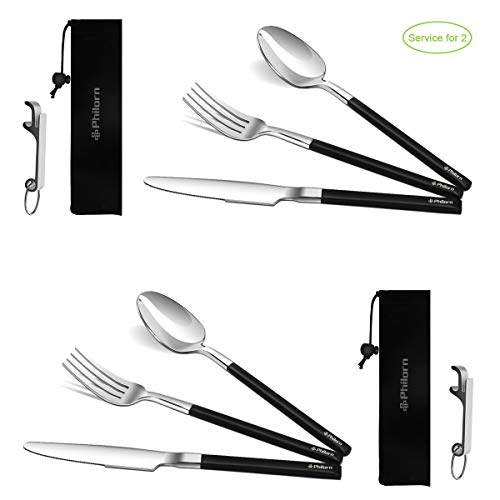 Philorn Set Cubiertos Cámping Recubiertos de Titanio, 3 Piezas (Cuchillo/Tenedor/Cuchara) Vajilla de Exteriores, Cubertería de Viaje de Acero Inoxidable de Alta Gama para Almuerzo, Trabajo (Para 2)