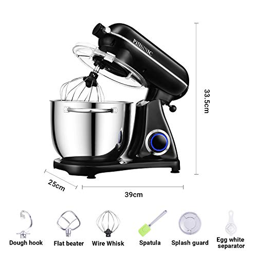 PHISINIC Robot de Cocina - 1800W Amasadora de Pan Batidora de Repostería con Bol de Acero Inoxidable de 6,5 L, Amasador, Batidor, Varillas, 6 Velocidades, Función Pulso, silencioso, Color Negro